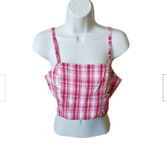 Arizona Jean Co. Womens Crop Top Size Medium Pink White Plaid - Picture 1 of 6